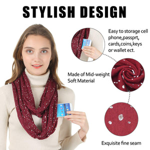 Travel Scarf, Infinity Scarf with Secret Hidden Zipper Pocket (Star-Wine red)