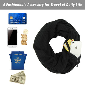 Fashion Infinity Scarves With Zipper Pocket For Girl Women - Novelty Wrap Travel Scarf with Hidden Pocket(Black Thicken)